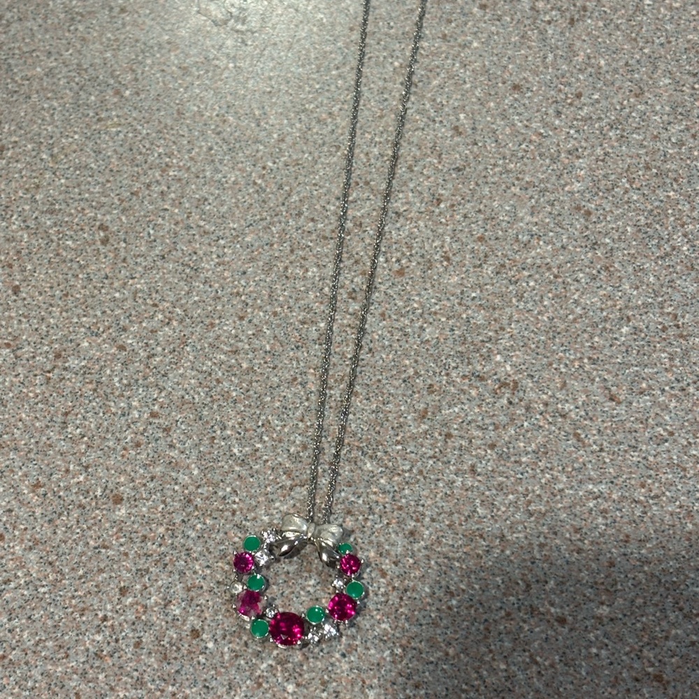 Silver Pendant Necklace with Green and red accents